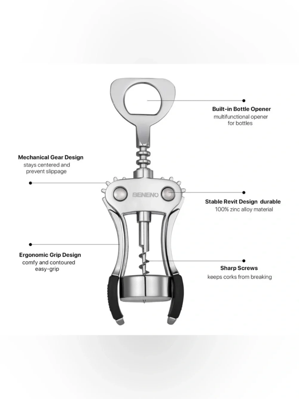 Beneno Wine Opener, Zinc Alloy Premium Wing Corkscrew with Bottle Opener